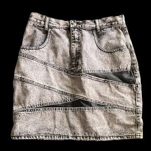 Vintage Black Acid Wash Denim and faux leather mini skirt